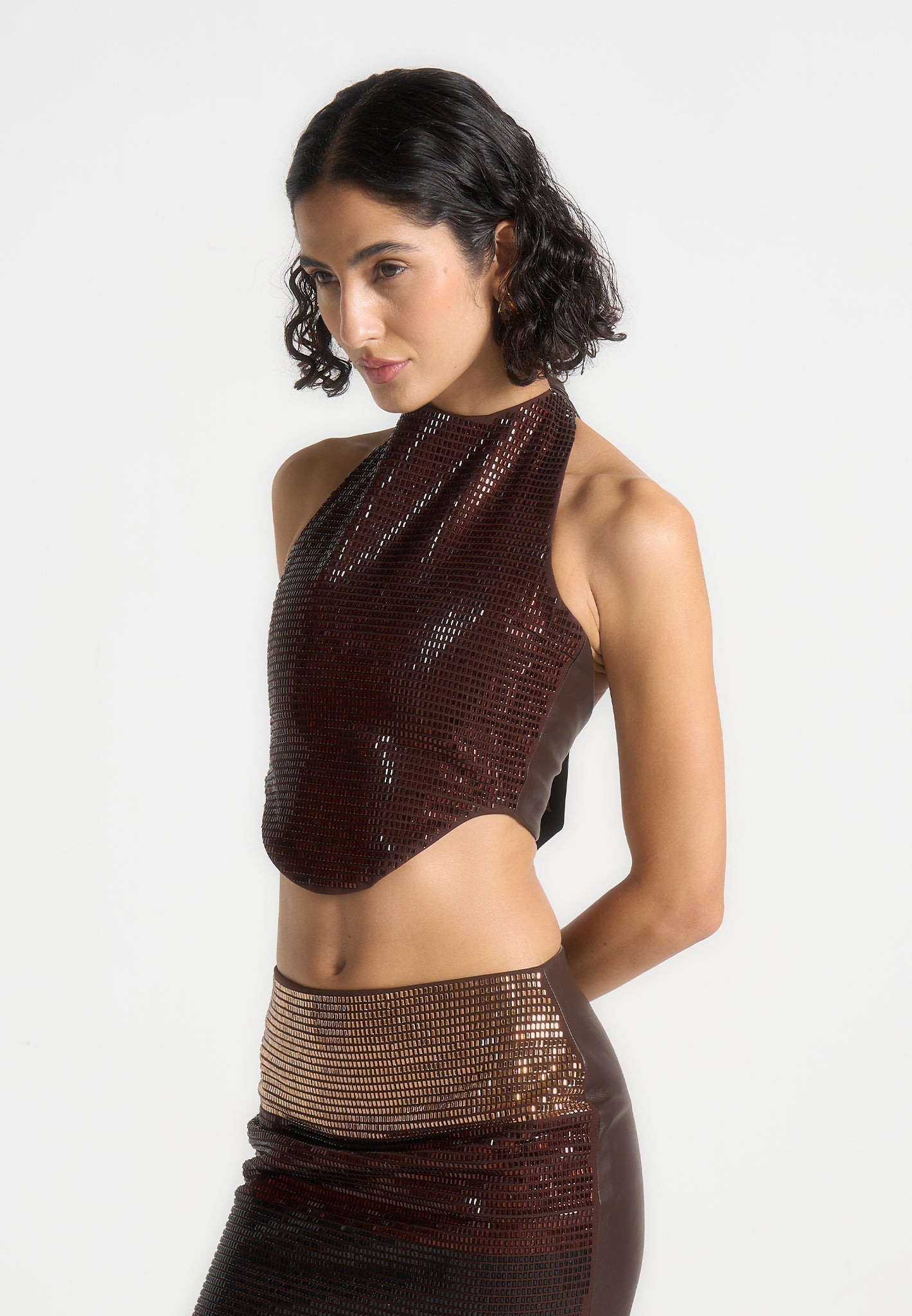 Rhinestone Ombre Halterneck Top - Brown/Gold