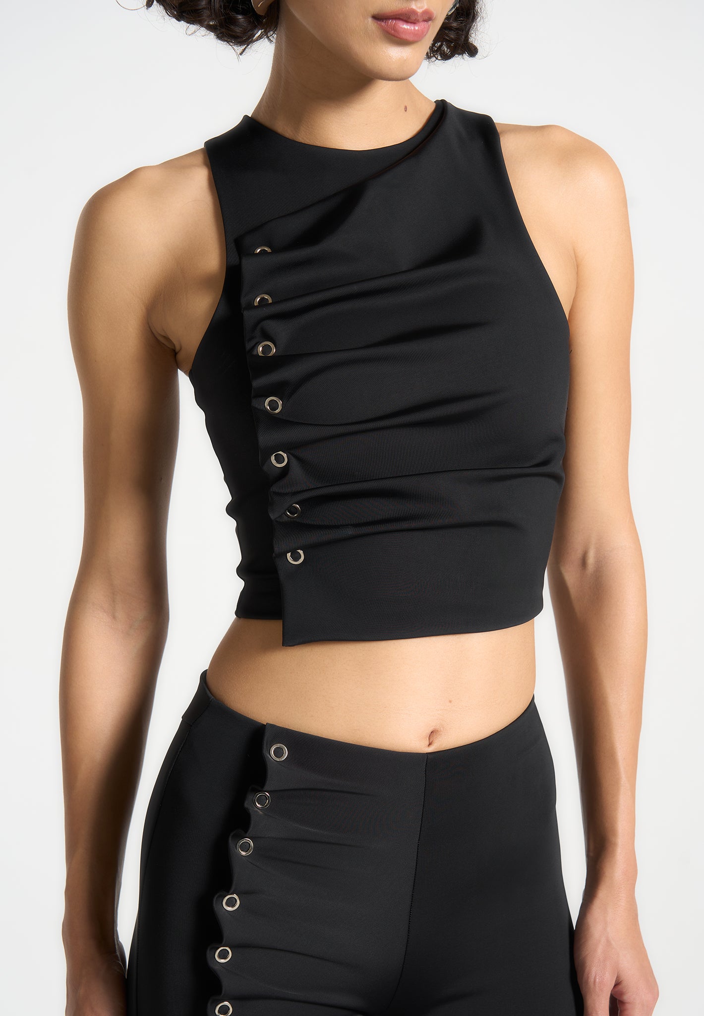 Eyelet Detail Tacked Racer Top  - Black