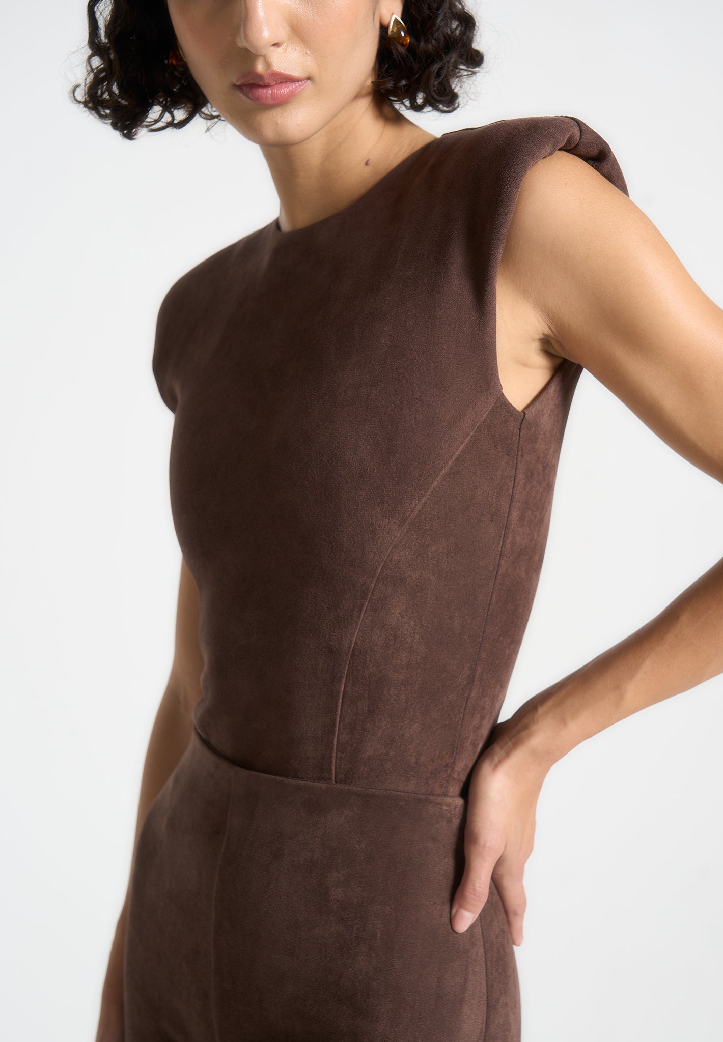 Wide Shoulder Suede Bodysuit - Brown