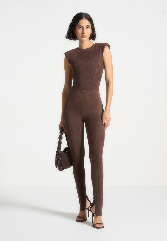 Wide Shoulder Suede Bodysuit - Brown
