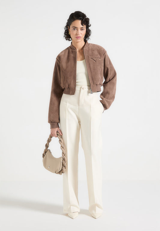 Suede Wide Shoulder Bomber Jacket - Taupe