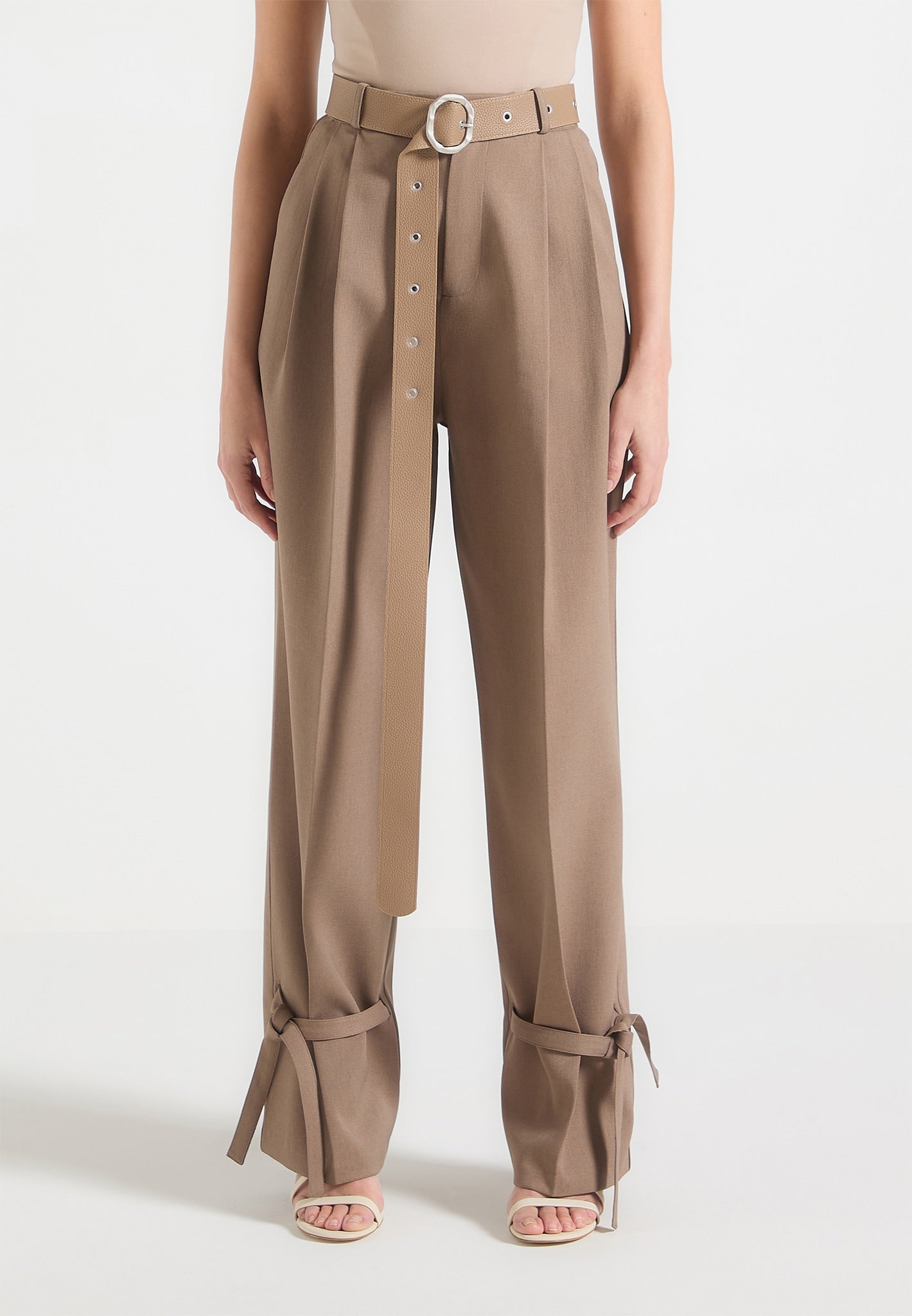 Tailored Trousers with Oversized Belt and Ankle Ties - Taupe