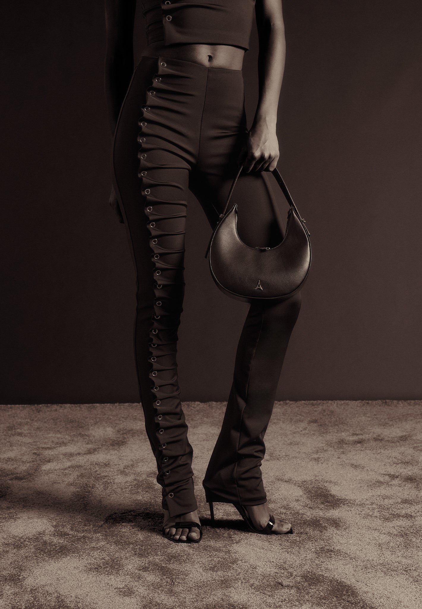 Eyelet Detail Tacked Racer Top  - Black