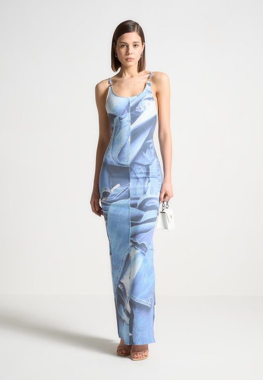 Printed Denim Effect Maxi Dress - Blue
