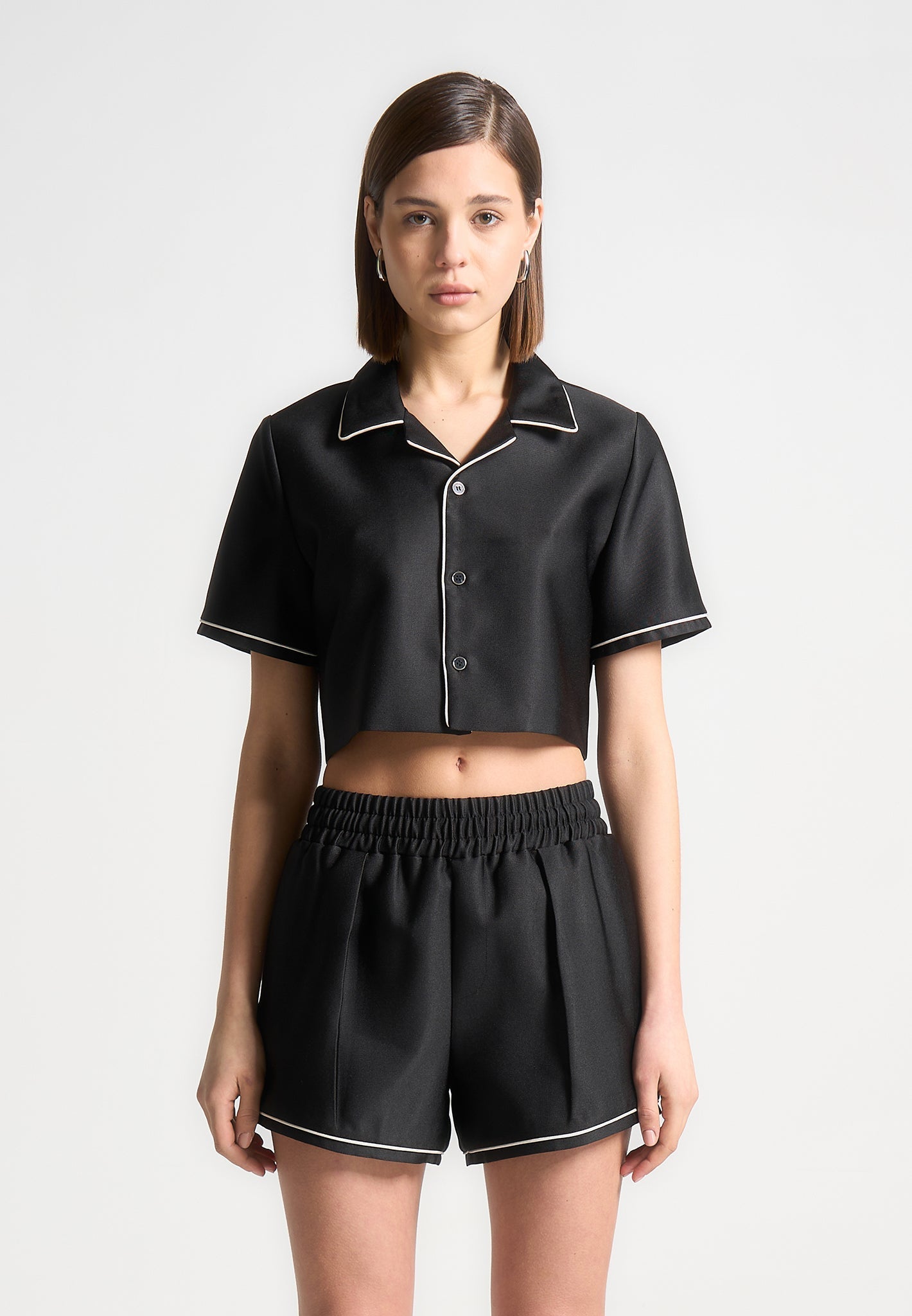 Satin Cropped Shirt with Piping - Black