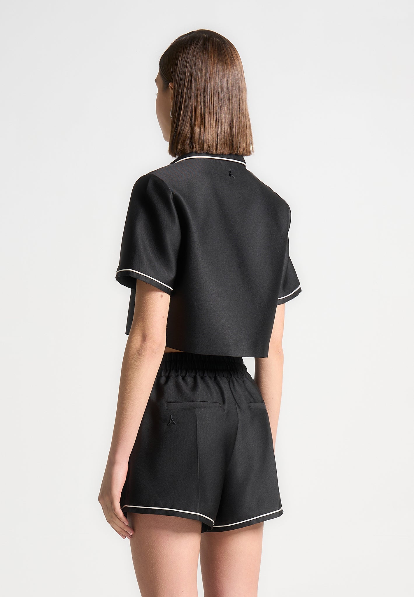 Satin Cropped Shirt with Piping - Black