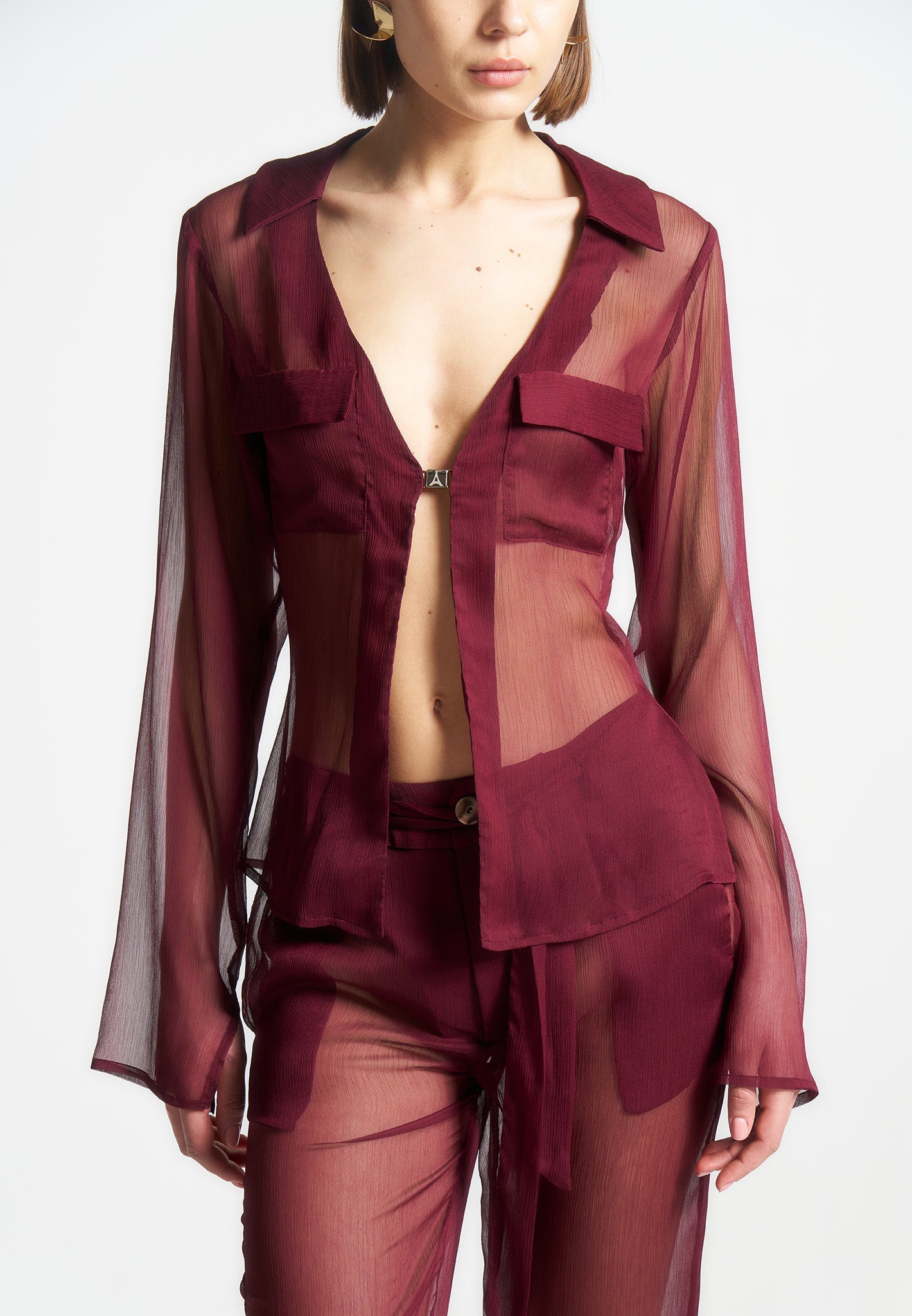 Sheer Shirt with Clasp - Wine Red