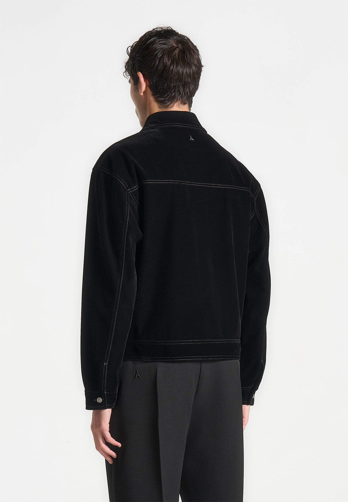 Velvet Contrast Stitch Trucker Jacket - Black