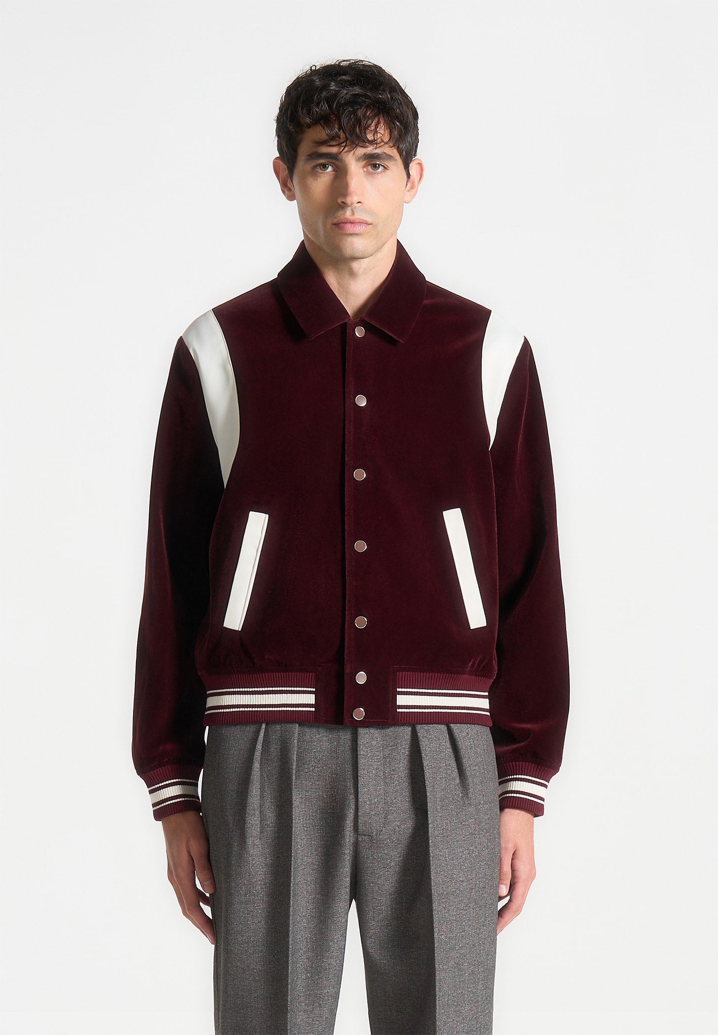 Velvet & Satin Varsity Jacket - Wine Red